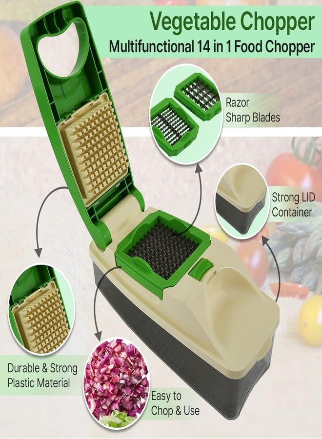 BLLUEX 14 in 1 Multipurpose Chopper, Fruits & Vegetable Cutters, Grater Peeler Chipser, Unbreakable Food Grade Body, Easy Push to Clean Button Slicer Dicer, Chopper for Kitchen (Green, Plastic) - Image 4